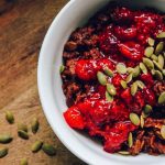 chocolate oatmeal with rasperry sauce