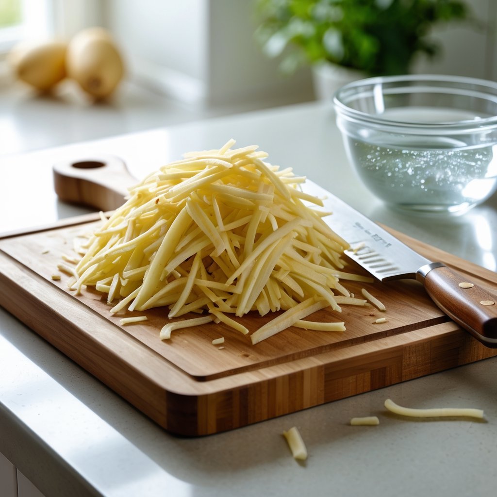 A cutting board with shredded russet potatoes, a bowl of water for rinsing