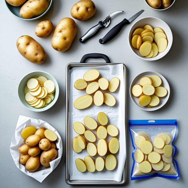 Five different ways of preparing and freezing russet potatoes on a kitchen countertop, including whole potatoes, peeled slices, blanched slices, frozen slices on a baking sheet, and vacuum-sealed frozen potato bags.