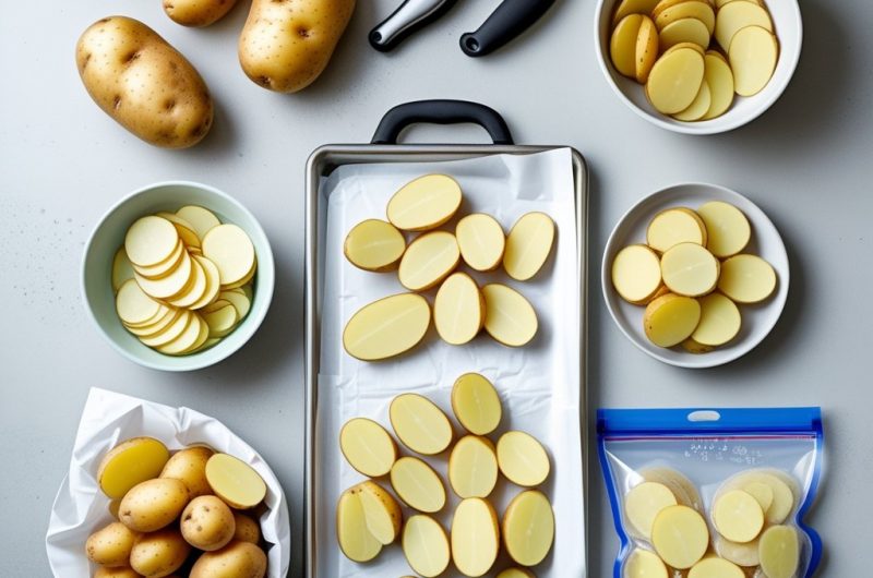 Five different ways of preparing and freezing russet potatoes on a kitchen countertop, including whole potatoes, peeled slices, blanched slices, frozen slices on a baking sheet, and vacuum-sealed frozen potato bags.