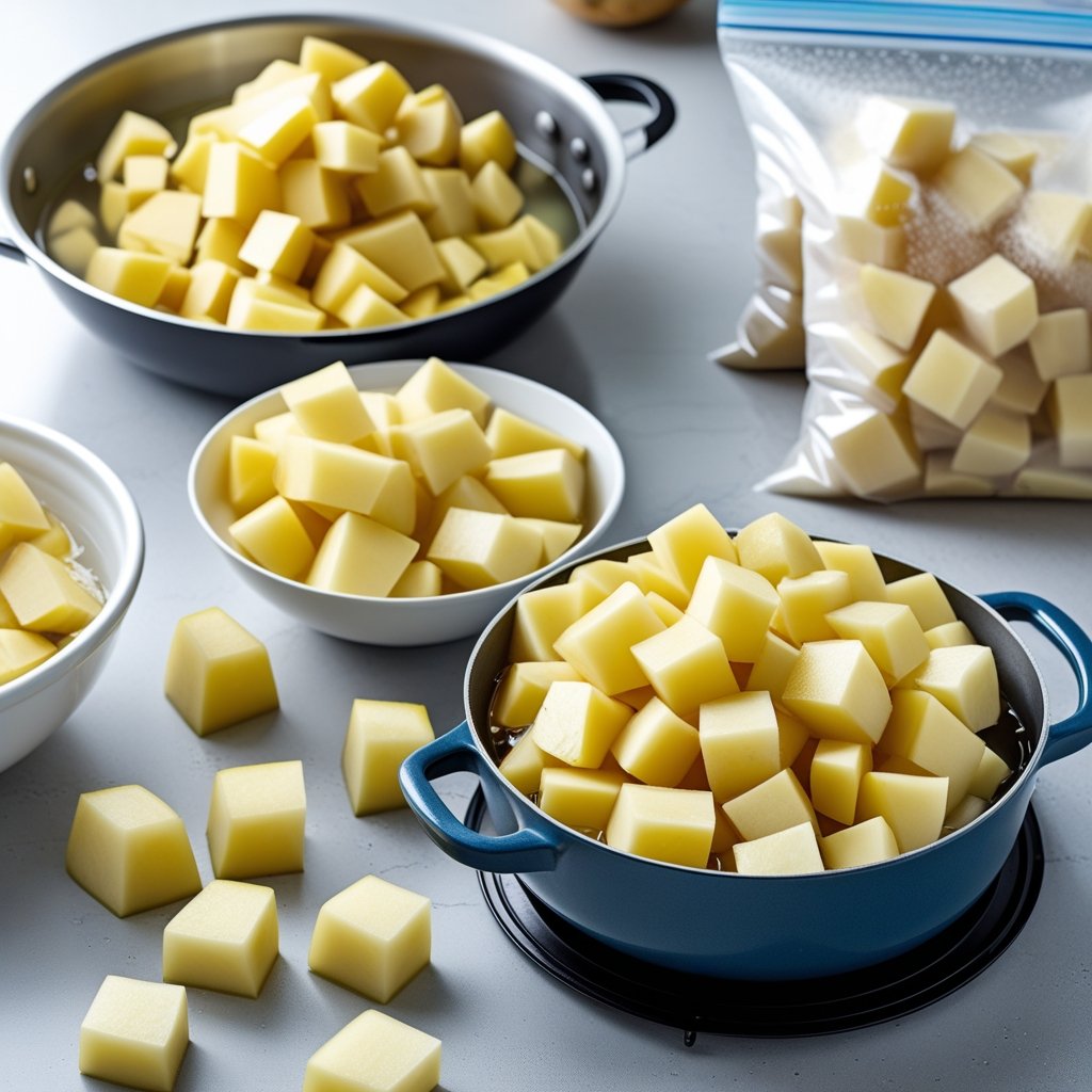 Cubed russet potatoes being blanched in boiling water with an ice bath and freezer bags of potatoes on a kitchen countertop.