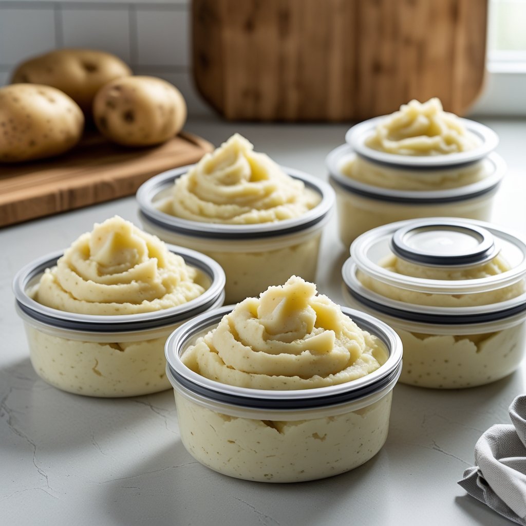Five airtight containers filled with mashed potatoes on a kitchen countertop with whole russet potatoes in the background.