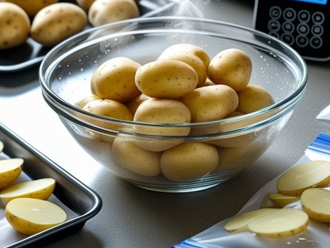 A kitchen counter with a bowl of parboiled whole and sliced russet potatoes, a kitchen timer, and bags of potatoes prepared for freezing.