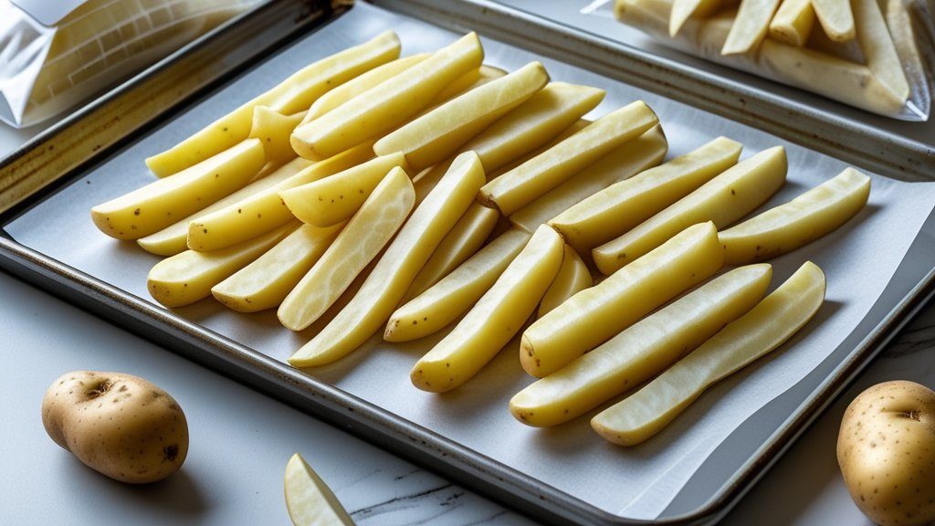 blanched potatoes on a baking sheet ready to freeze